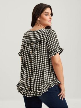BloomChic Black & White Gingham Ruffle Button-Back Top